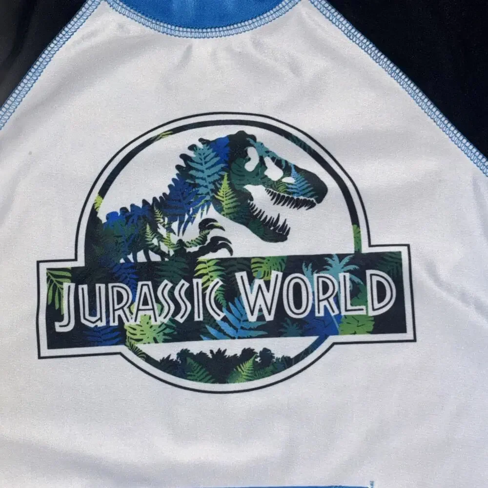 Boys Jurassic World Dinosaur Rash Guard Swim Trunks Outfit Set Blue size 5T